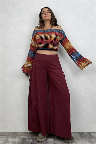 İspanyol Kol Batik Örgü Crop Bluz- Gökkuşağı