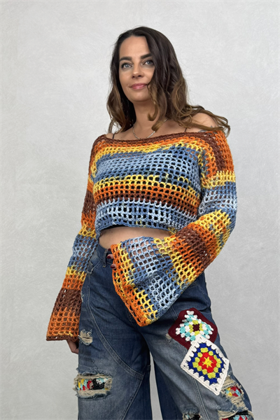 İspanyol Kol Batik Örgü Crop Bluz- Sarı Batik