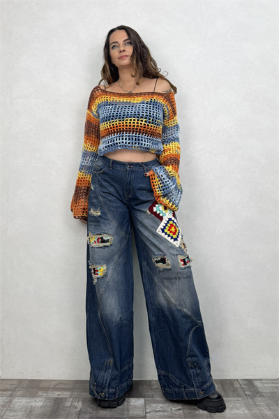 İspanyol Kol Batik Örgü Crop Bluz- Sarı Batik