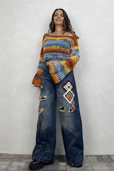 İspanyol Kol Batik Örgü Crop Bluz- Sarı Batik