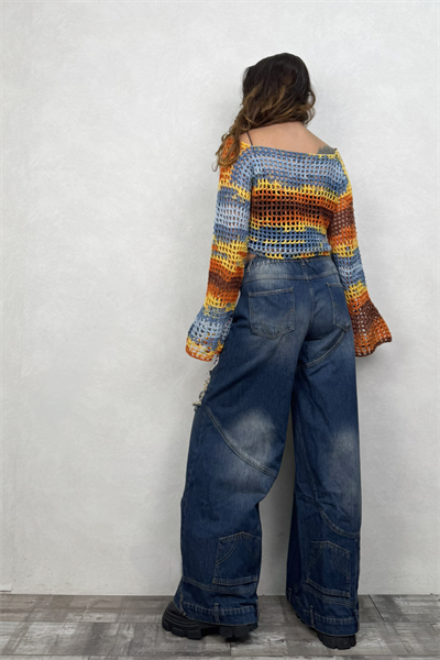 İspanyol Kol Batik Örgü Crop Bluz- Sarı Batik