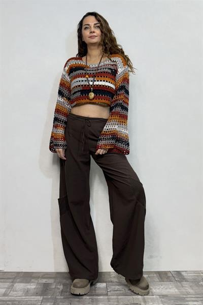 İspanyol Kol Batik Örgü Crop Kazak- Toprak