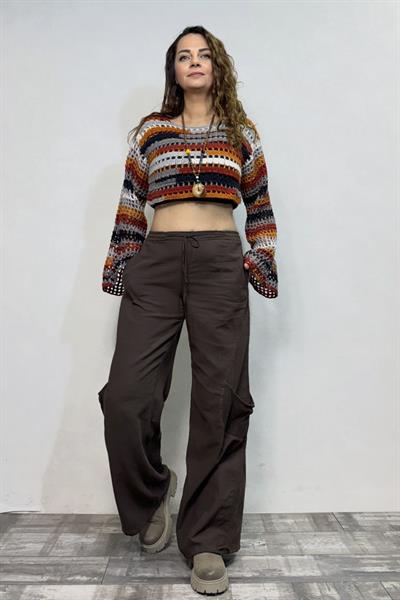 İspanyol Kol Batik Örgü Crop Kazak- Toprak