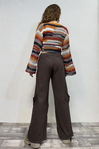 İspanyol Kol Batik Örgü Crop Kazak- Toprak