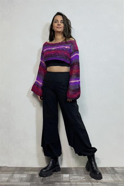 İspanyol Kol File Örgü Bolero- Mor Batik