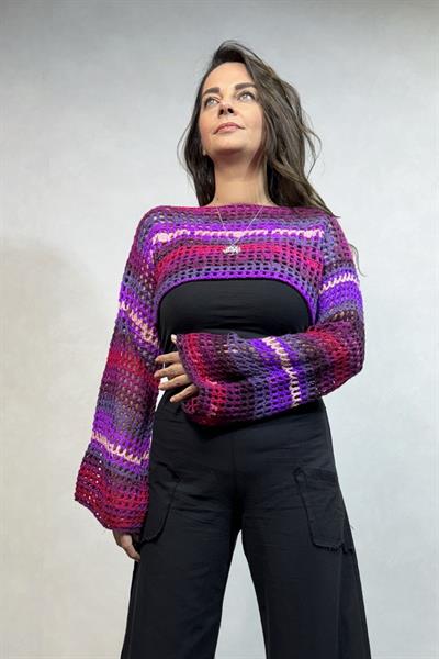 İspanyol Kol File Örgü Bolero- Mor Batik