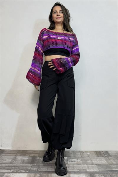 İspanyol Kol File Örgü Bolero- Mor Batik