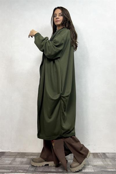 Kapşonlu Salaş Kaftan - Haki