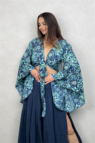 Kimono Kol İpek Bolero Bluz - Asia Turkuaz