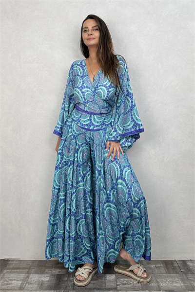 Kimono Kol İpek Bolero Bluz - Mavi Dalga