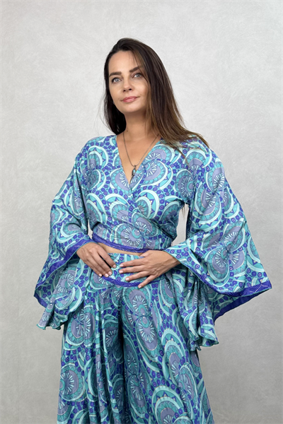 Kimono Kol İpek Bolero Bluz - Mavi Dalga