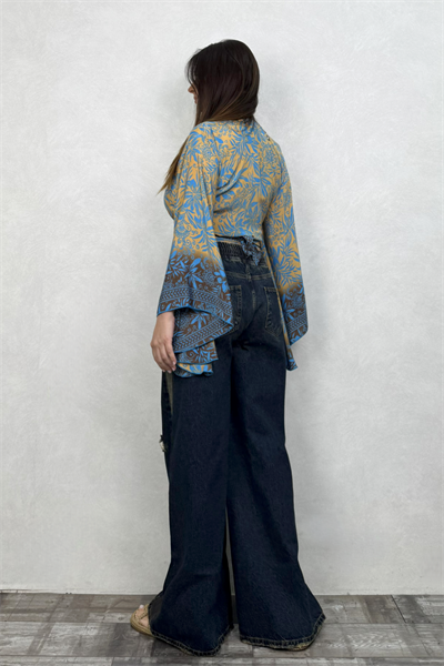 Kimono Kol İpek Bolero Bluz - Mavi Gold