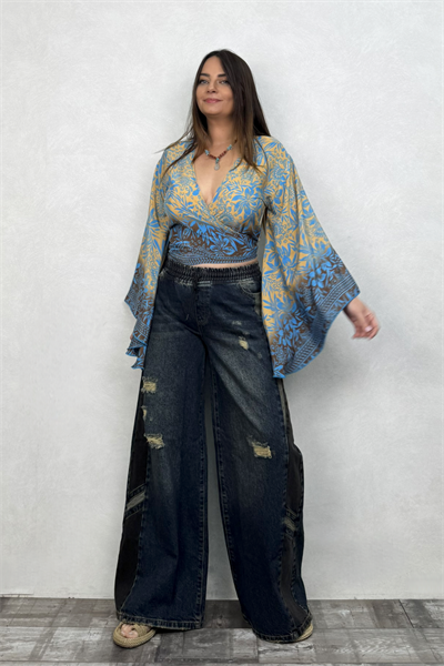 Kimono Kol İpek Bolero Bluz - Mavi Gold