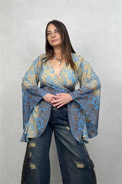 Kimono Kol İpek Bolero Bluz - Mavi Gold
