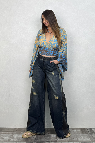Kimono Kol İpek Bolero Bluz - Mavi Gold