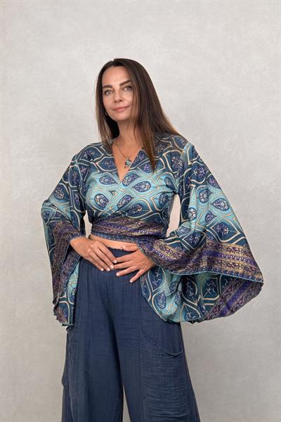 Kimono Kol İpek Bolero Bluz - Mavi Kronos