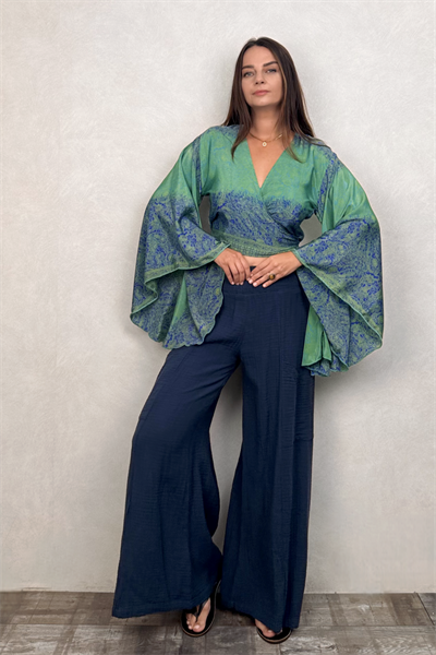 Kimono Kol İpek Bolero Bluz - Mavi Yeşil