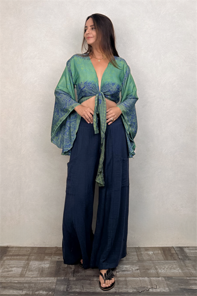 Kimono Kol İpek Bolero Bluz - Mavi Yeşil