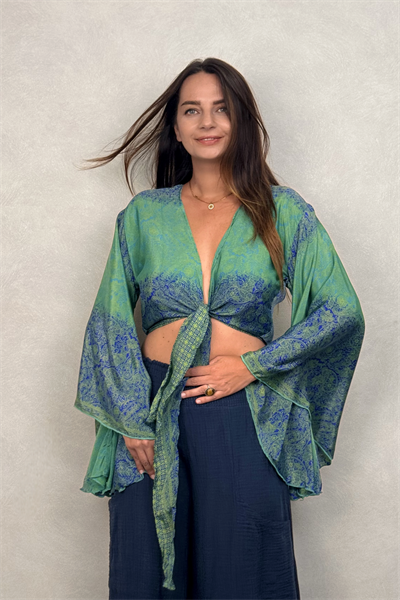 Kimono Kol İpek Bolero Bluz - Mavi Yeşil