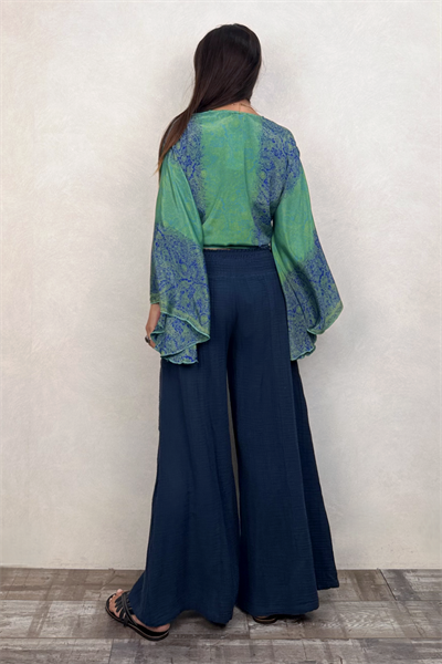 Kimono Kol İpek Bolero Bluz - Mavi Yeşil