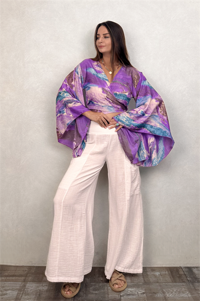 Kimono Kol İpek Bolero Bluz - Mor