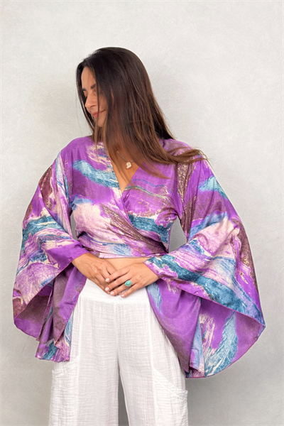 Kimono Kol İpek Bolero Bluz - Mor