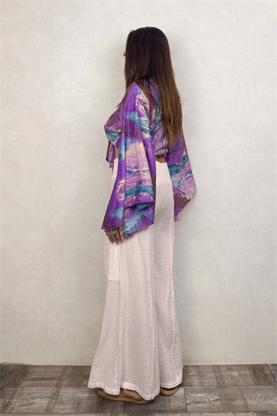 Kimono Kol İpek Bolero Bluz - Mor