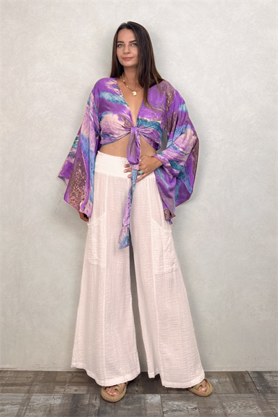 Kimono Kol İpek Bolero Bluz - Mor