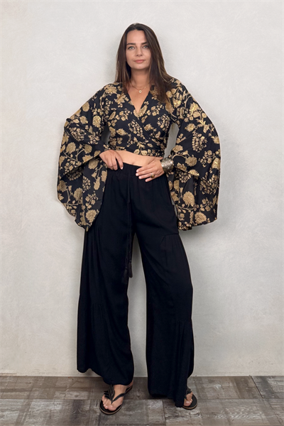 Kimono Kol İpek Bolero Bluz - Siyah Gold