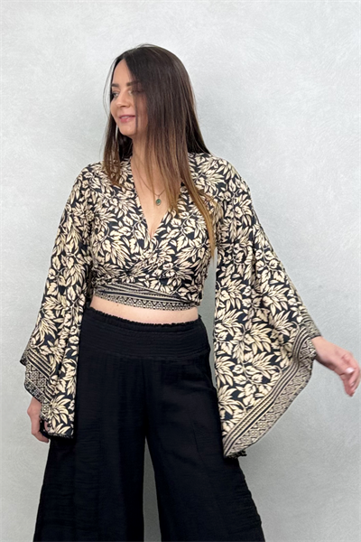 Kimono Kol İpek Bolero Bluz - Siyah Krem