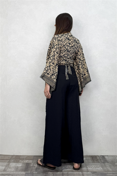 Kimono Kol İpek Bolero Bluz - Siyah Krem