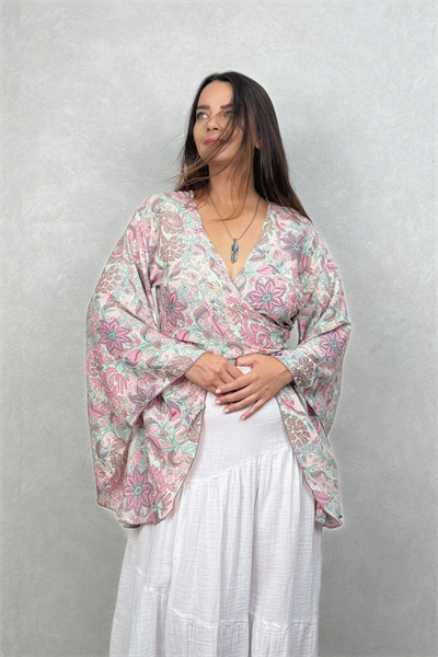 Kimono Kol İpek Bolero Bluz - Somon