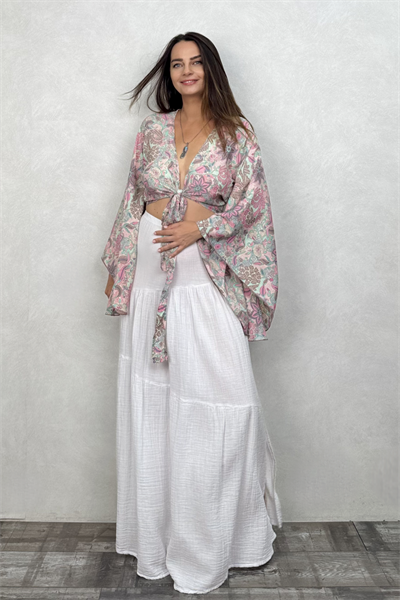 Kimono Kol İpek Bolero Bluz - Somon