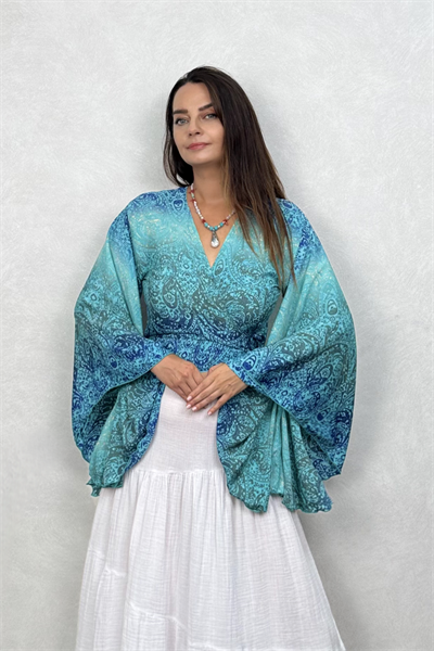 Kimono Kol İpek Bolero Bluz - Turkuaz