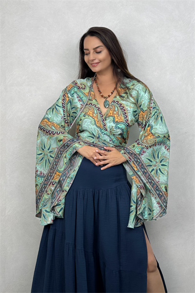 Kimono Kol İpek Bolero Bluz - Yeşil Bordo