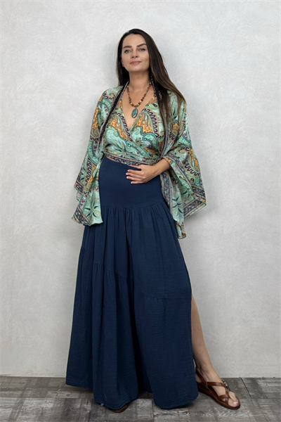 Kimono Kol İpek Bolero Bluz - Yeşil Bordo