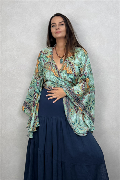 Kimono Kol İpek Bolero Bluz - Yeşil Bordo