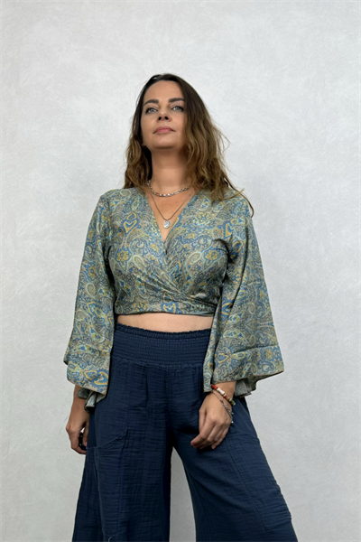 Kimono Kol İpek Bolero Bluz - Yeşil Sarı