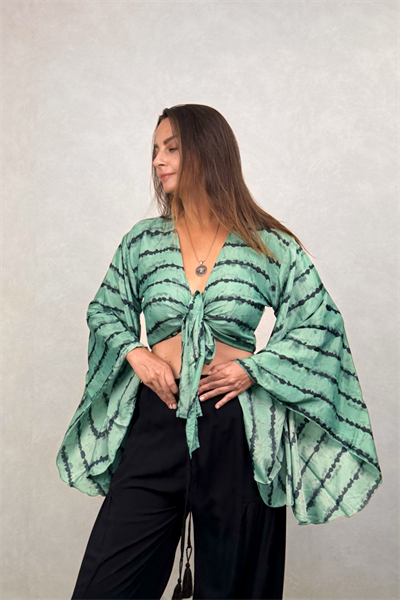 Kimono Kol İpek Bolero Bluz - Yeşil Turkuaz