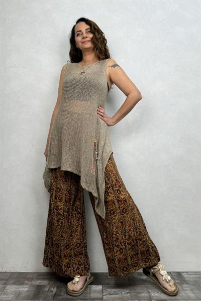 Kolsuz Merserize Boncuk Detaylı Uzun Tunik- Vizon