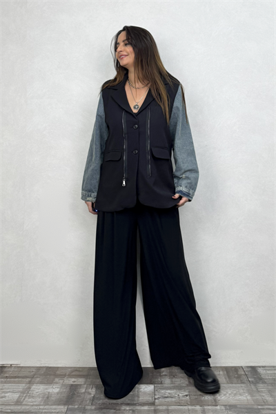Kot Garnili Yelekli Blazer Ceket - Siyah