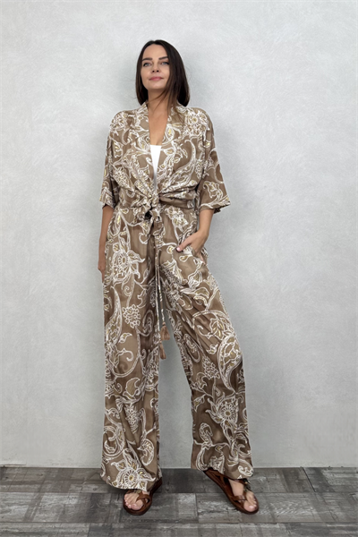 Kybele Kimono Pantolon Takım - Kahve Beyaz