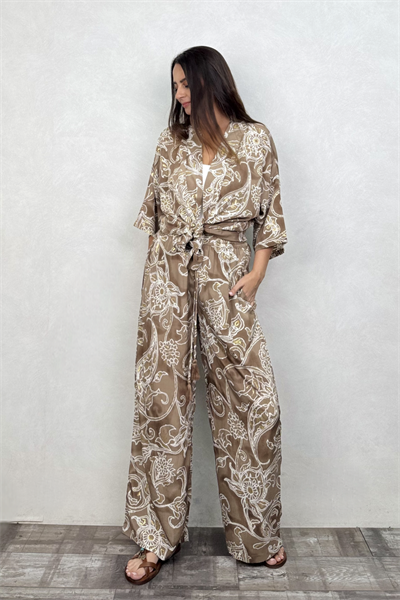 Kybele Kimono Pantolon Takım - Kahve Beyaz