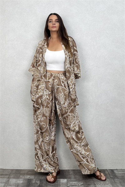 Kybele Kimono Pantolon Takım - Kahve Beyaz