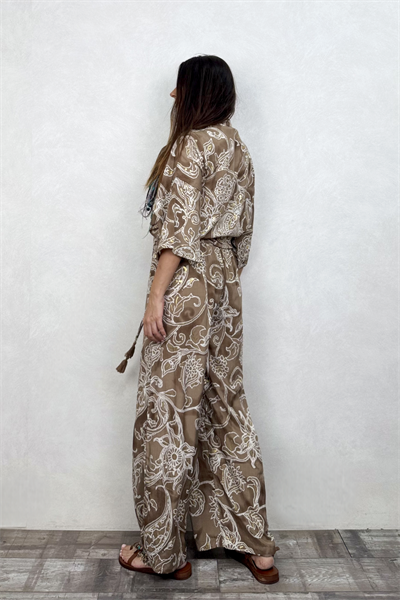 Kybele Kimono Pantolon Takım - Kahve Beyaz