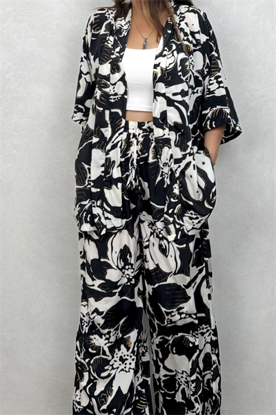 Kybele Kimono Pantolon Takım - Siyah Beyaz