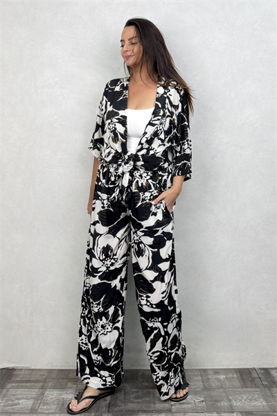 Kybele Kimono Pantolon Takım - Siyah Beyaz