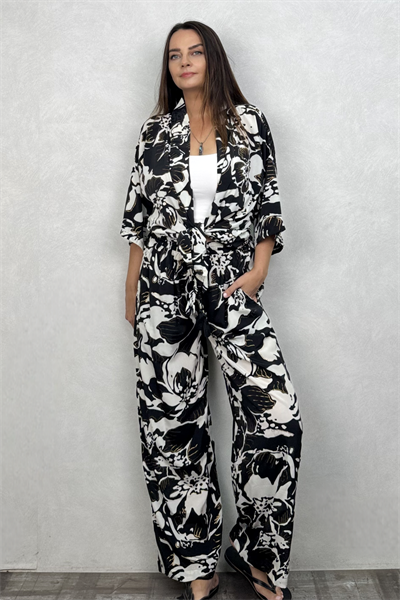 Kybele Kimono Pantolon Takım - Siyah Beyaz
