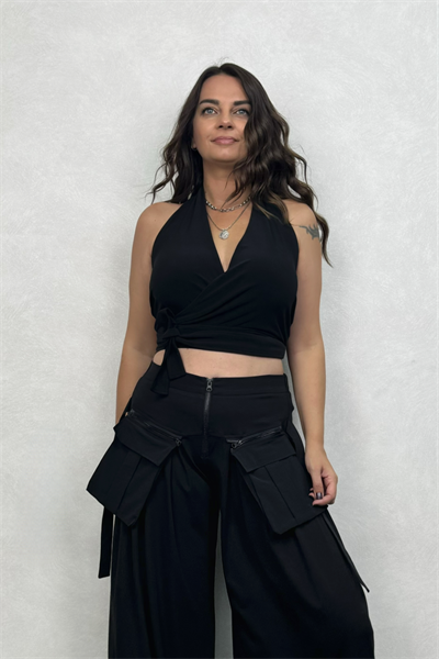 Lamante Bulmaca Crop Bluz  - Siyah