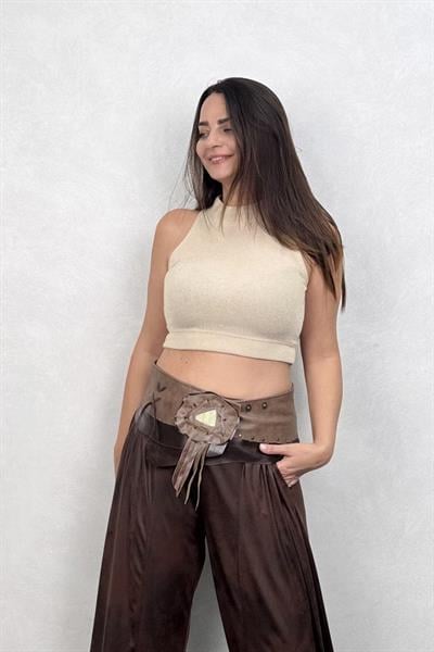 Lamante Vega Triko Crop Bluz - Bej